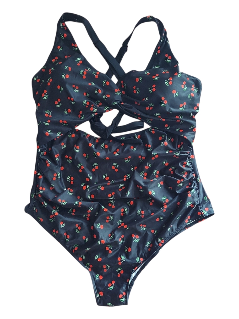 Women's PLUS SIZE MATERNITY Black One-Piece Swimsuit with Red Cherry Print